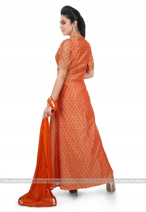 Printed Cotton Jacket Abaya Style Suit in Orange
