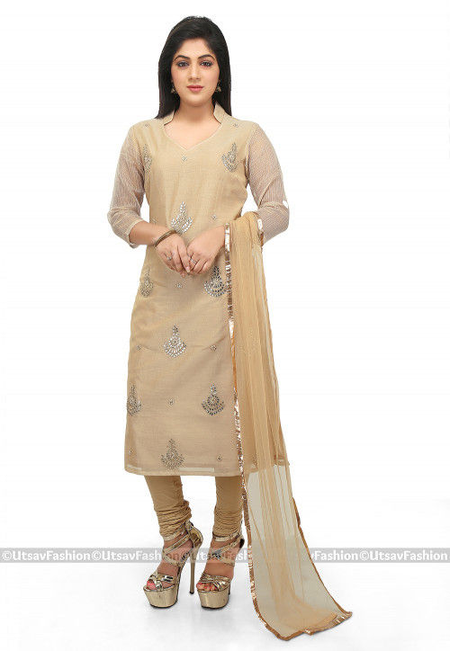 Embroidered Chanderi Cotton Straight Suit in Beige