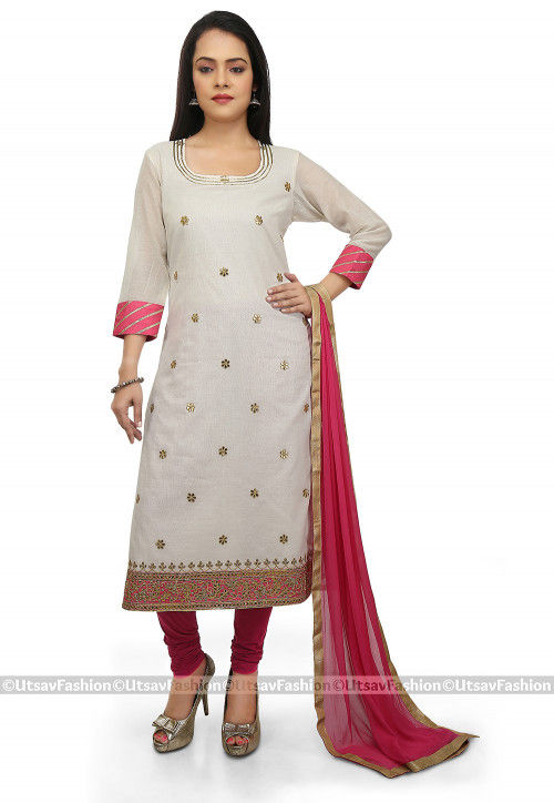 Embroidered Chanderi Cotton Straight Suit in Off White