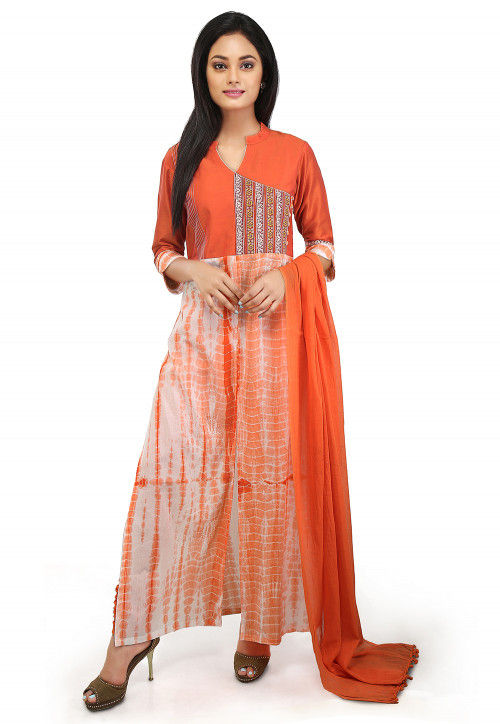 Tie N Dyed Cotton Abaya Style Suit in Orange and Off White