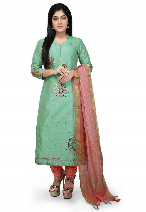 Plain Bhagalpuri Silk Front Slit Pakistani Suit in Olive Green : KUX496