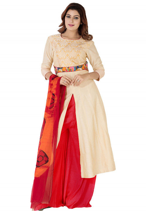 Woven Yoke Cotton Silk Front Slit A Line Suit in Beige