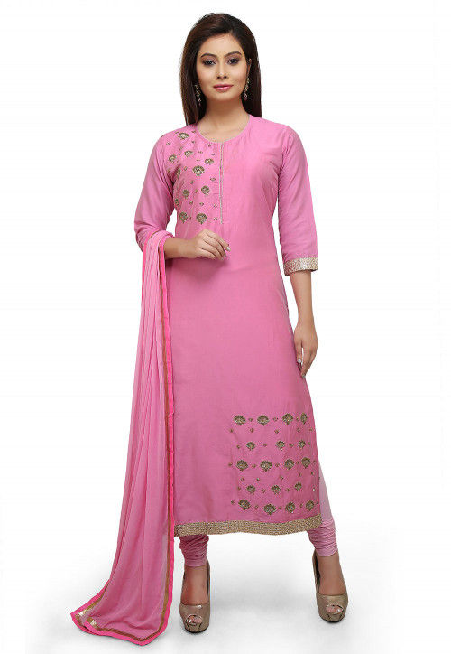 Embroidered Cotton Silk Straight Suit in Pink