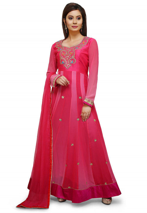 Gota Patti Georgette Abaya Style Suit in Fuchsia and Pink