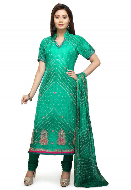 Bandhej Art Silk Straight Suit in Teal Green