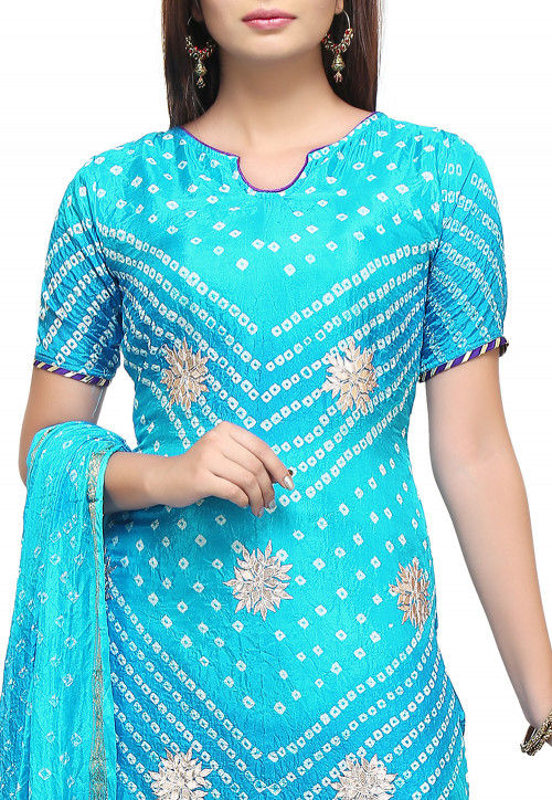 Bandhej Art Silk Straight Suit in Turquoise : KJN3021