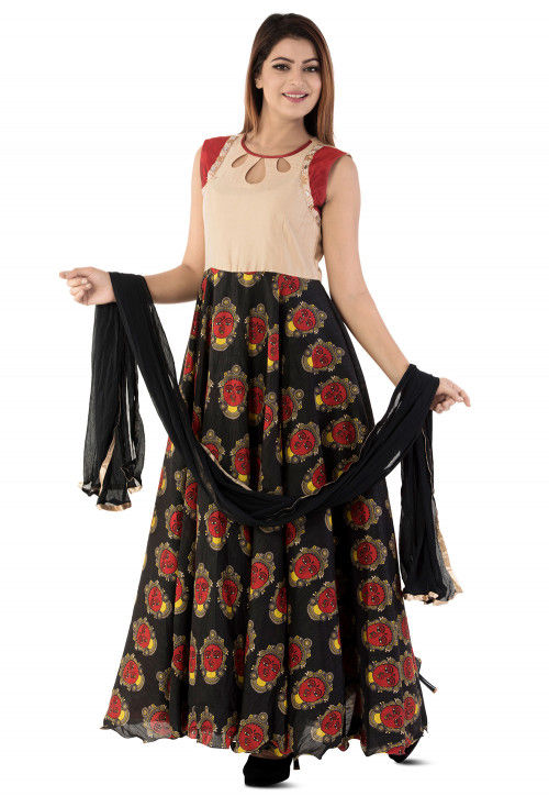 Printed Bhagalpuri Silk Abaya Style Suit in Black and Beige