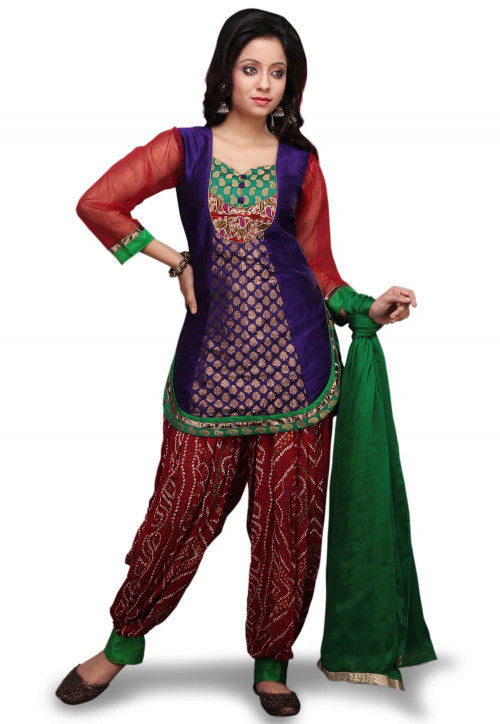 Chanderi Silk Punjabi Suit in Purple and Red