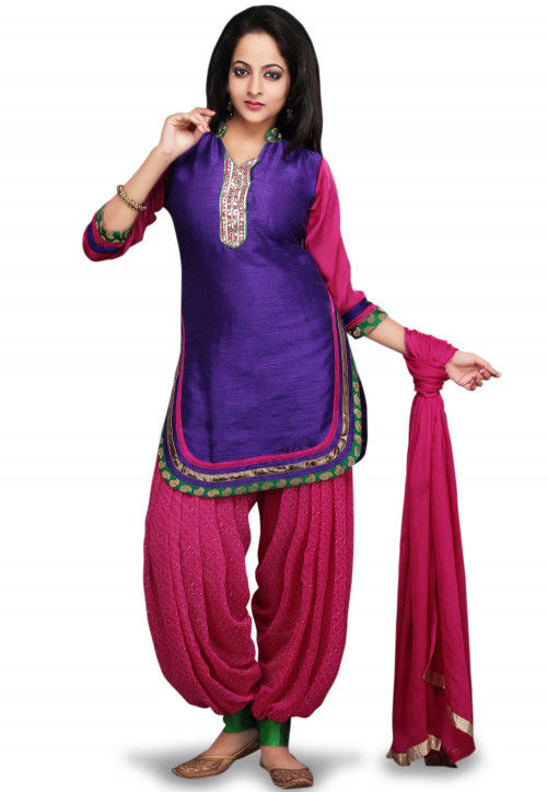 Embroidered Dupion Silk Punjabi Suit in Purple and Pink : KJN353