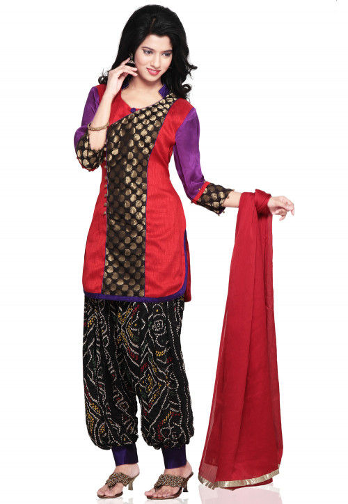 Chanderi Brocade and Ghicha Silk Punjabi Suit in Red and Black