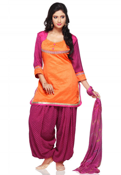 Plain Dupion Silk Punjabi Suit In Orange
