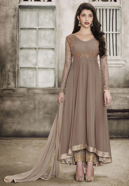 Embroidered Georgette Asymmetric Pakistani Suit in Beige