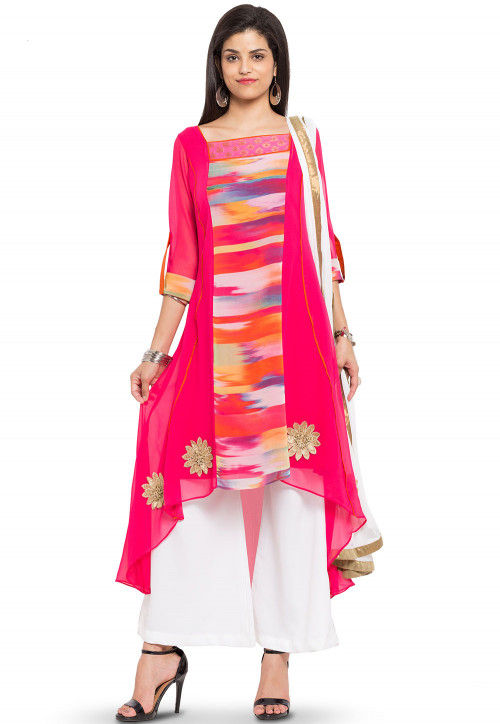 Printed Georgette Pakistani Suit in Fuchsia and Multicolor