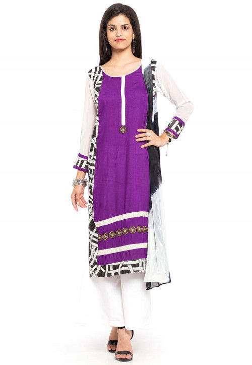 Printed Cotton Rayon Pakistani Suit in Purple and Off White