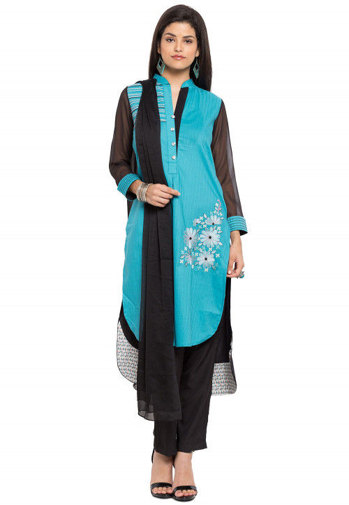 Embroidered Cotton Pakistani Suit in Sky Blue and Black