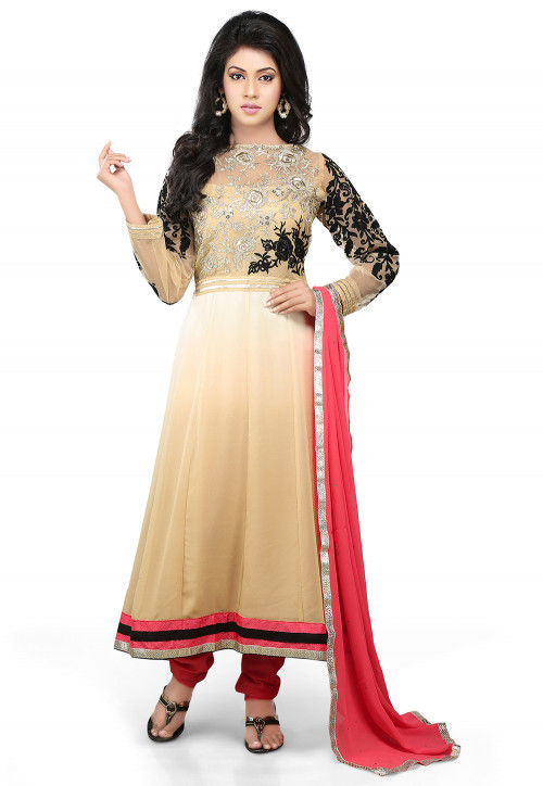 Embroidered Georgette Anarkali Suit In Beige Ombre