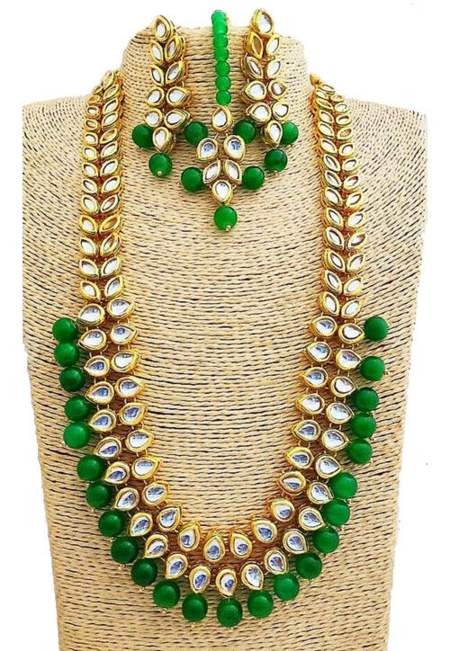 Pink kundan necklace set with green drops – Masayaa