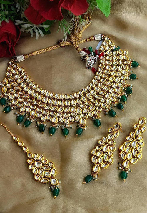 Exquisite Kundan Heavy Necklace Set in Green By Zevar