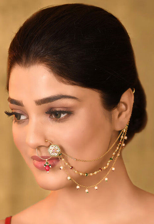 Buy Gold Finish Nose Ring With Floral Motif And Studded Kundan KALKI  Fashion India