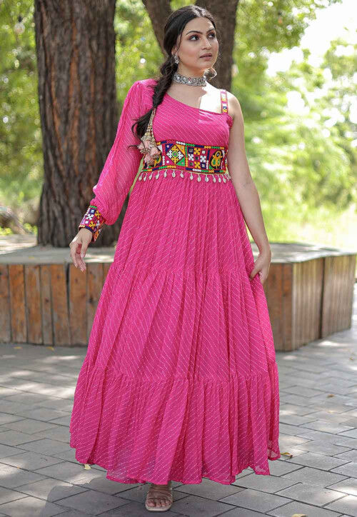 Kutch Embroidered Georgette Tiered Dress in Pink