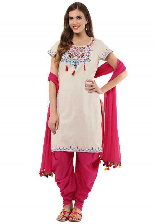 Embroidered Cotton Punjabi Suit in Off White