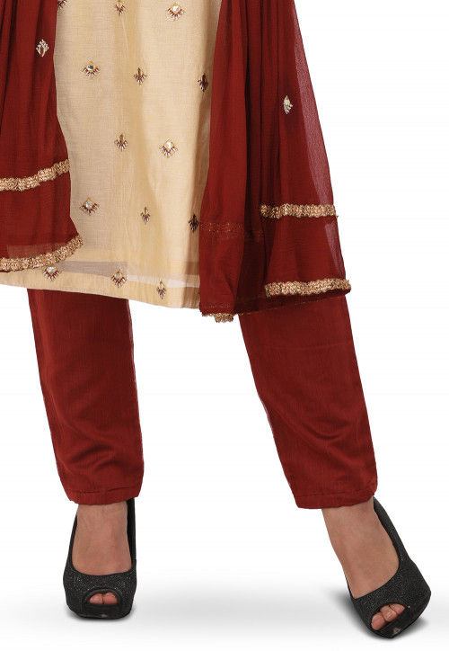 Embroidered Chanderi Silk Straight Suit in Creme : KUZ276