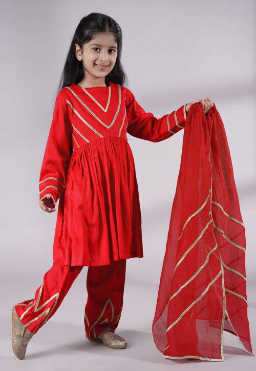 Lace Border Cotton A Line Suit in Red