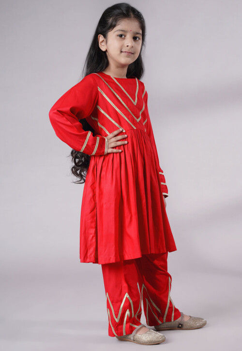 Lace Border Cotton A Line Suit in Red