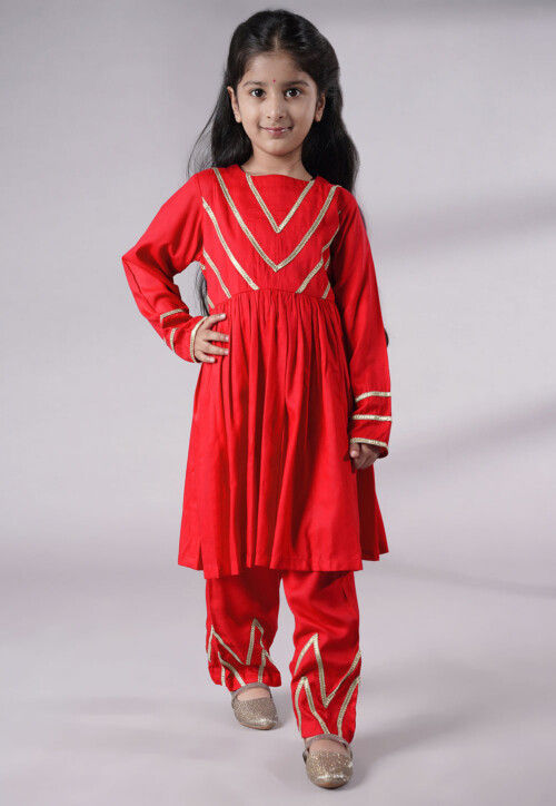 Lace Border Cotton A Line Suit in Red