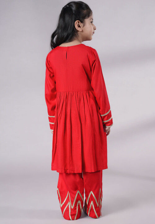Lace Border Cotton A Line Suit in Red