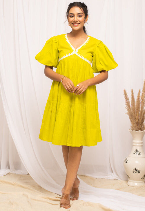 knee length dresses for ladies Aralisse Cotton-Poplin A-Line Midaxi Dress in Pastel Yellow