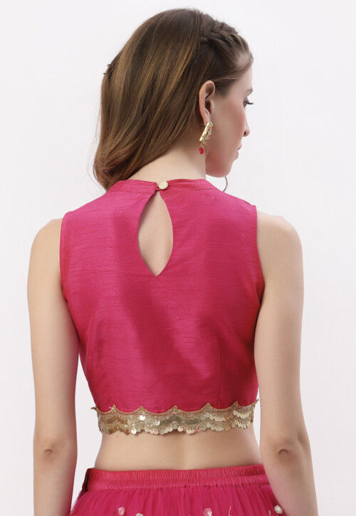 Lace Border Dupion Silk Blouse in Fuchsia