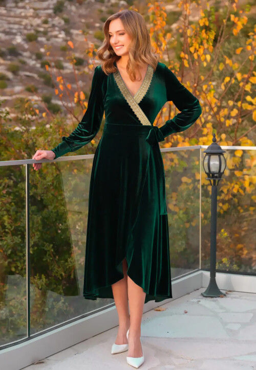 Lace Border Velvet Asymmetric Dress in Dark Green