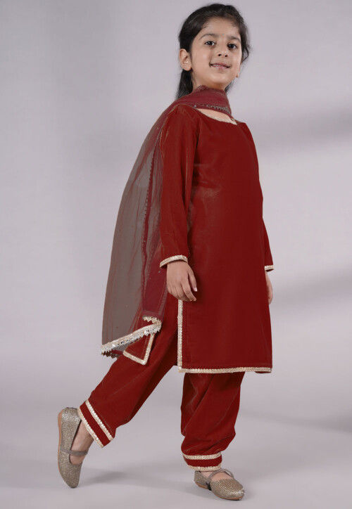 Lace Border Velvet Punjabi Suit in Maroon