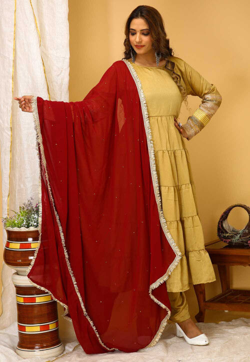 Lace Embellished Art Silk Aline Suit in Beige