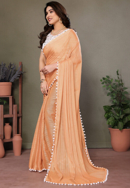 Lace Embellished Art Silk Saree in Orange