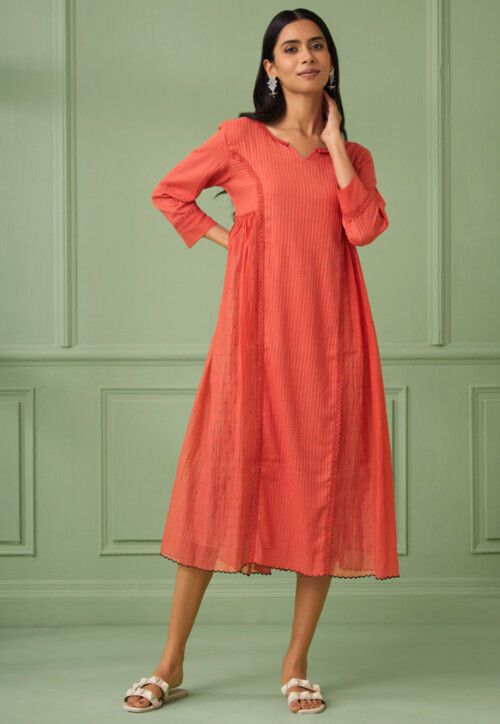 Lace Embellished Cotton Silk Aline Dress in Coral Pink