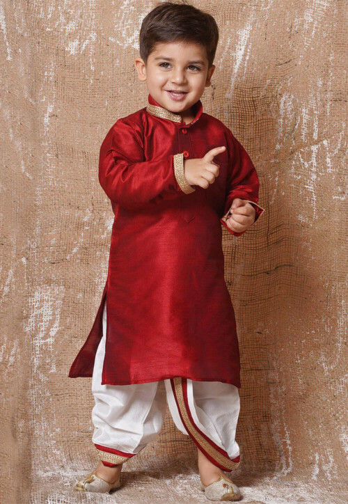 Lace Embellished Dupion Silk Kurta in Maroon