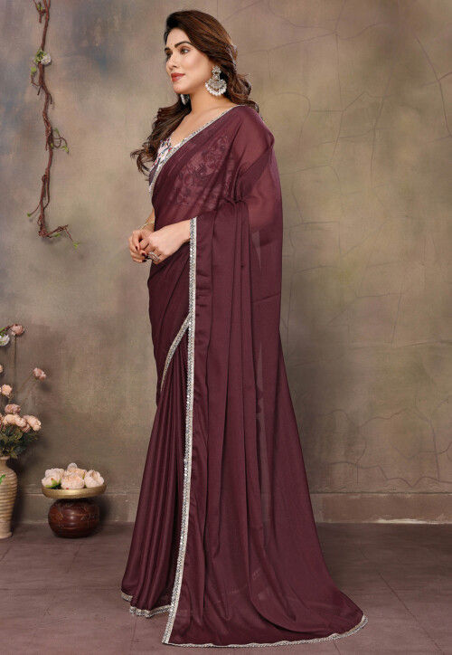 Lace Embellished Georgette Saree in Wine