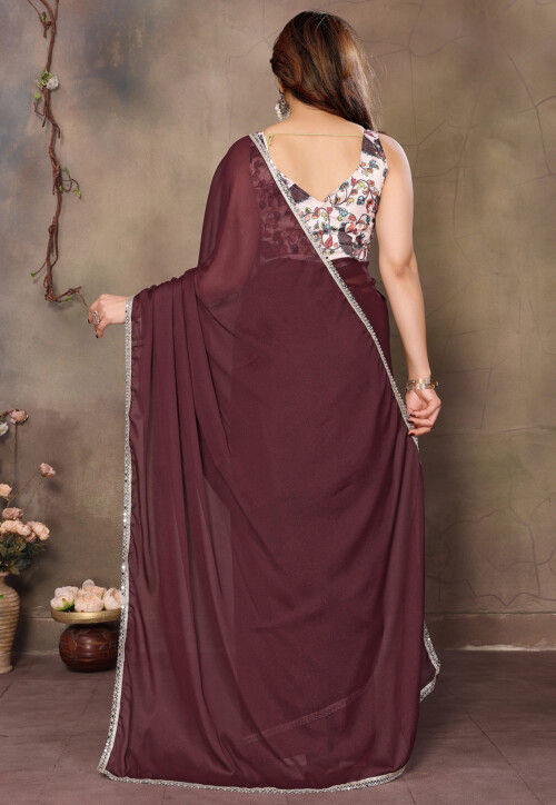 Lace Embellished Georgette Saree in Wine
