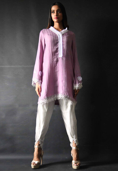 Lace Embellished Polyester Tunic Set in Light Purple