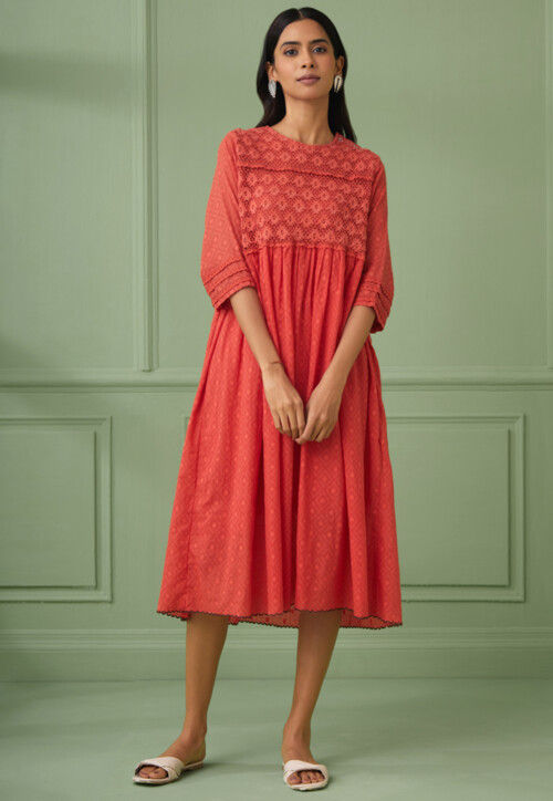 Lace Embellished Pure Cotton Aline Dress in Coral Pink