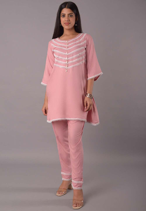 Lace Embellished Rayon Pakistani Suit in Peach