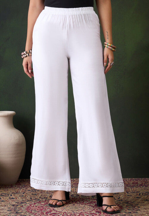 Lace Embellished Rayon Palazzo in White