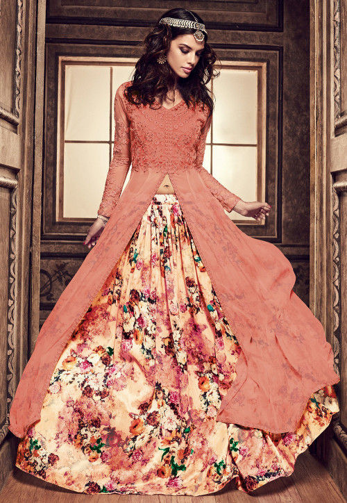 Embroidered Georgette Jacket Style Lehenga in Peach