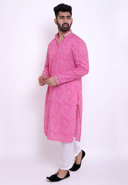 Pink Leheriya Print Embroidered Pure Cotton Straight Kurta