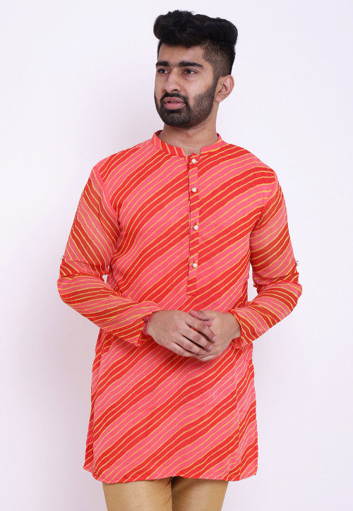 Leheriya Georgette Short Kurta in Peach and Red