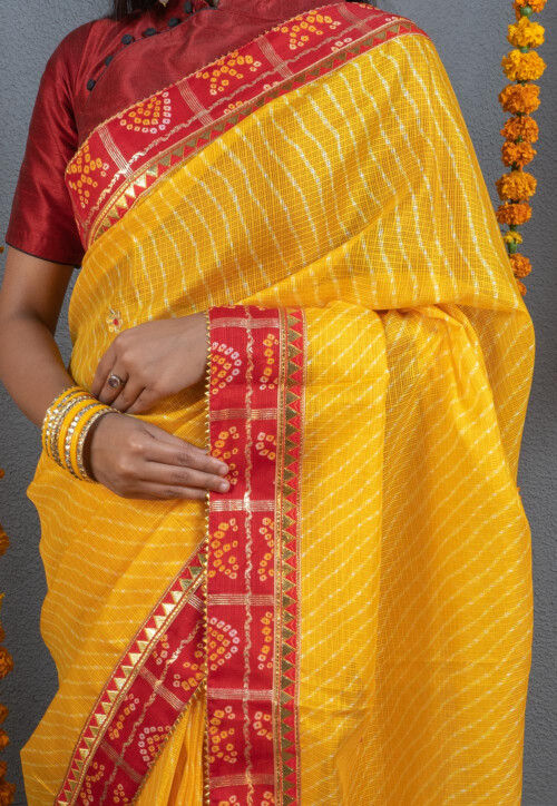 Leheriya Printed Art Kota Silk Saree in Mustard