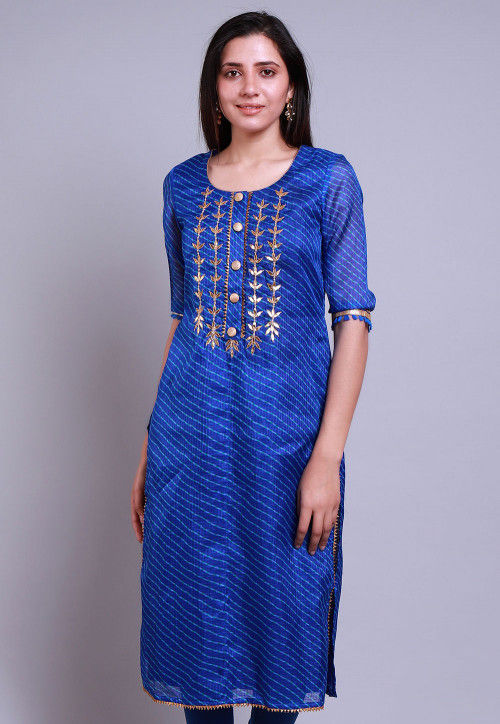 Leheriya Printed Art Kota Silk Straight Kurta in Royal Blue