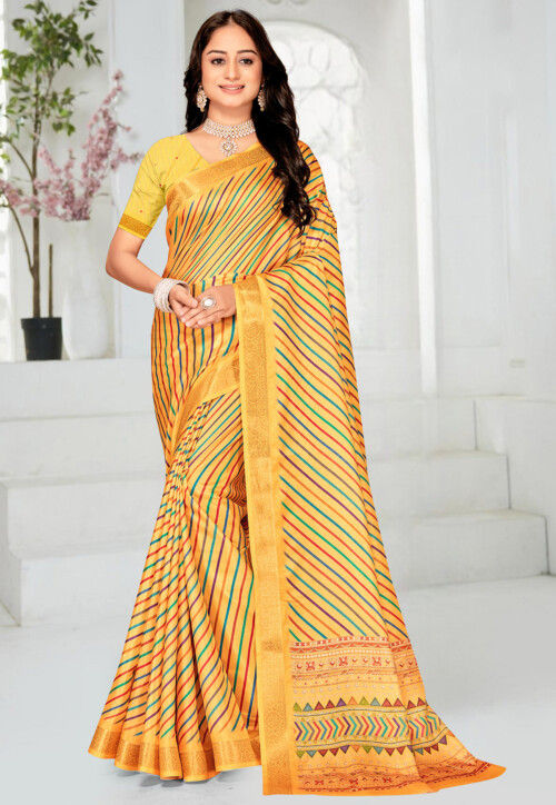 Leheriya Printed Art Silk Saree in Yellow